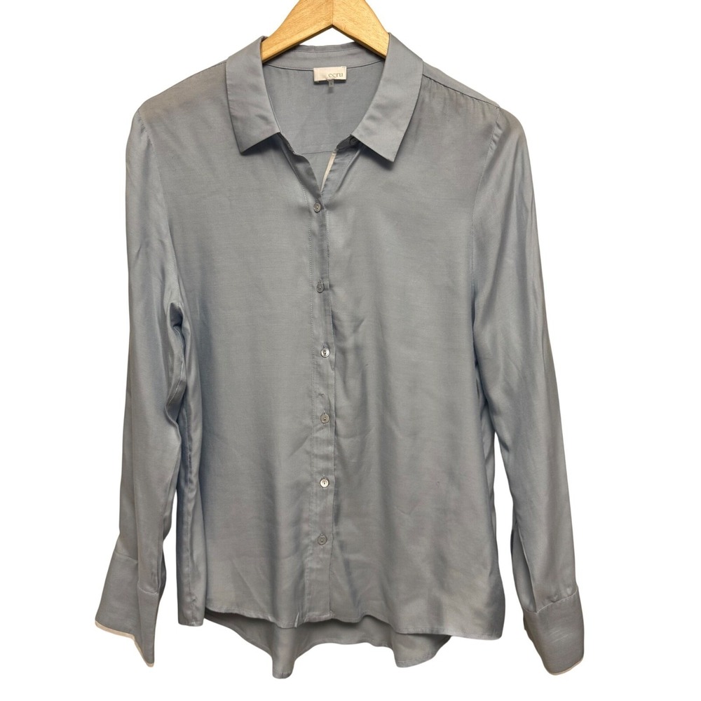 Ecru Womens Large‎ Dusty Blue Silk Blend Long Sleeve Button Down Blouse
